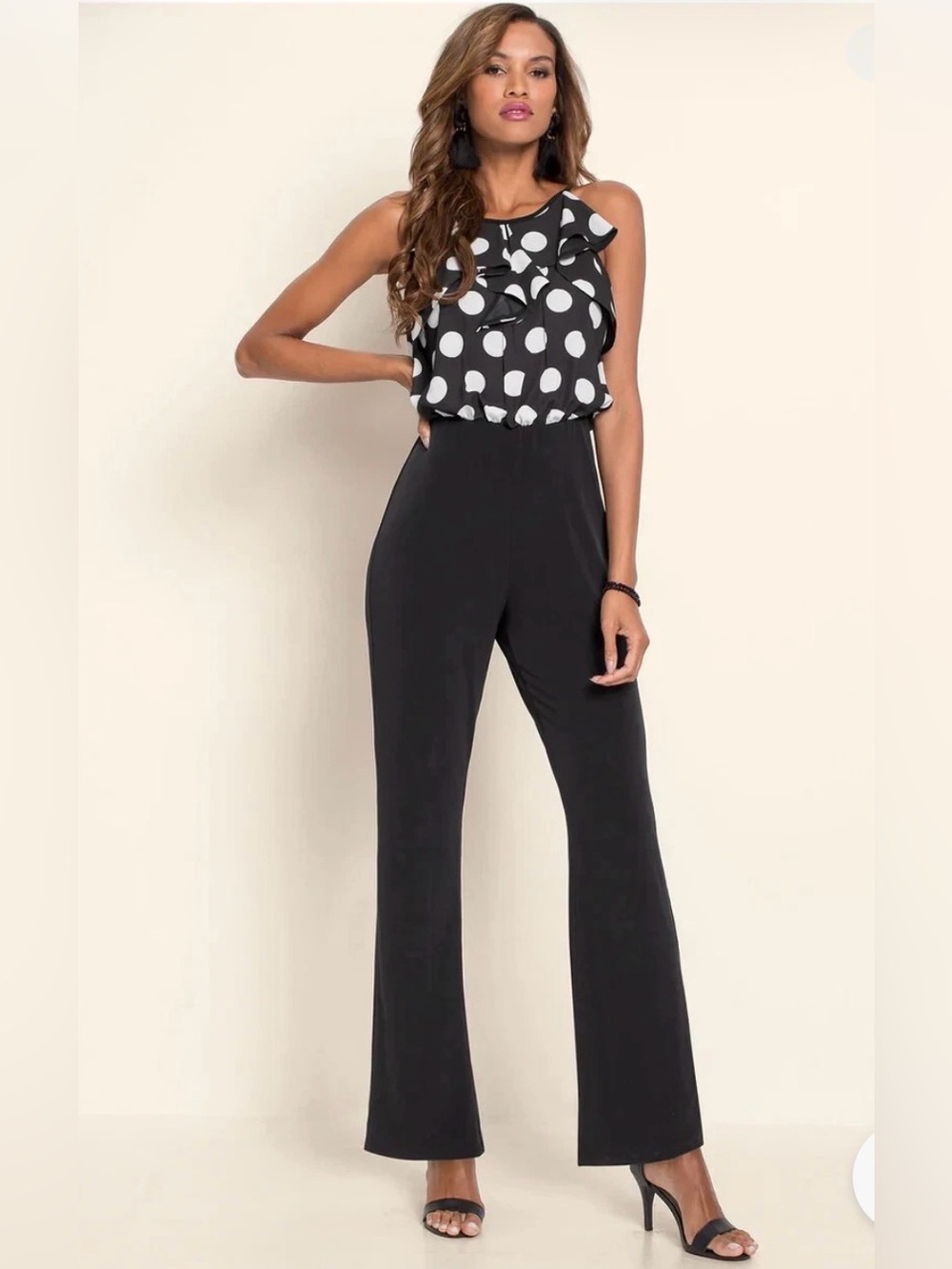VENUS Polka Dot Sleeveless Jumpsuit Black &White Ruffle Top